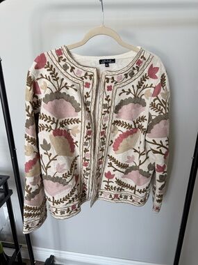 CHARLIE B Cream Embroidered Floral Jacket with Pink, Olive & Tan Accents